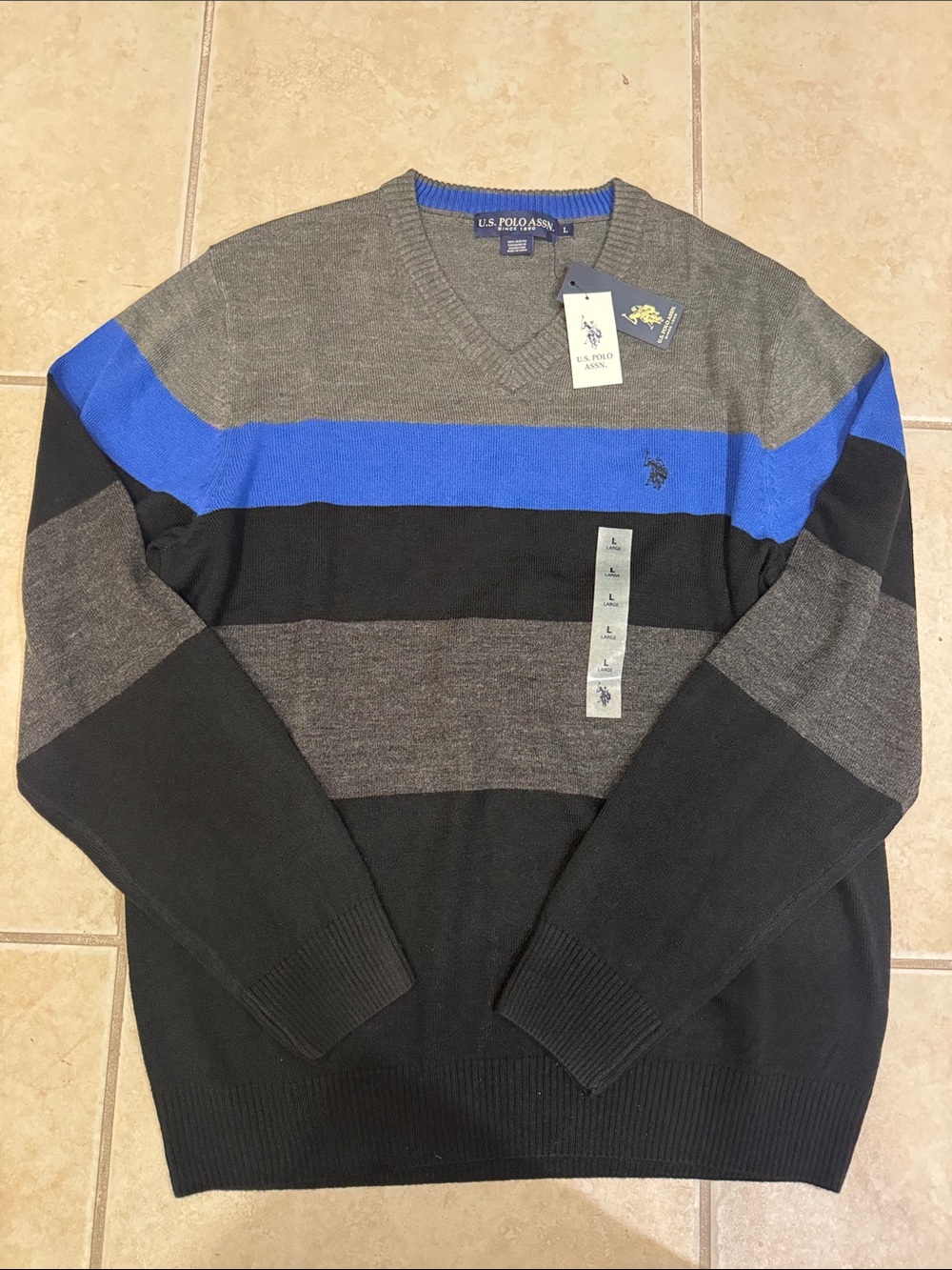 U.S. Polo Assn. Men’s V-Neck Stripe Sweater - Gray/Black/Royal Blue